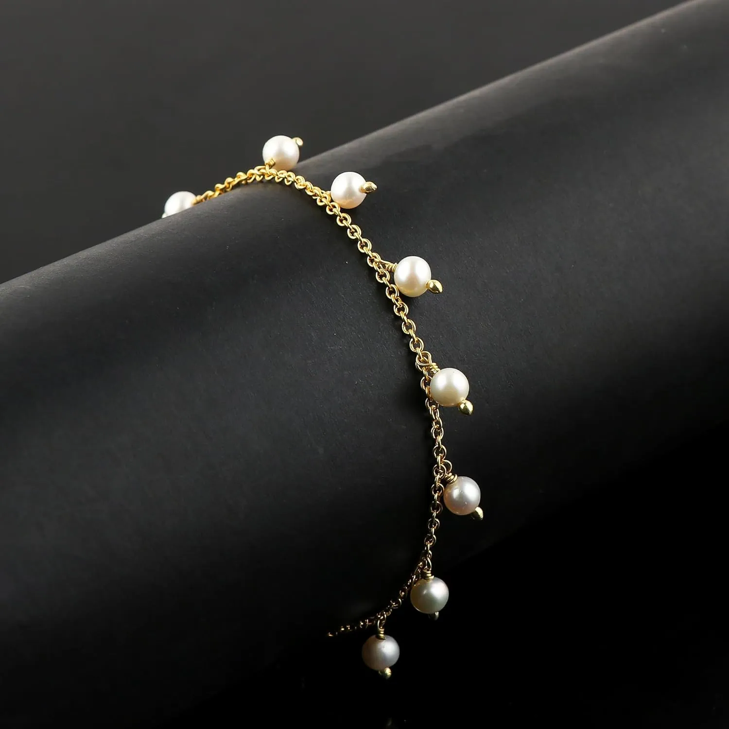 Beaded Ankle Bracelet | Freshwater Cultured Pearls Beaded Anklet | Handmade Jewelry | Healing Crystals | Gold Plated | Adjustable Chain | Birthday Gift for Women | Size 9 1.50 inch