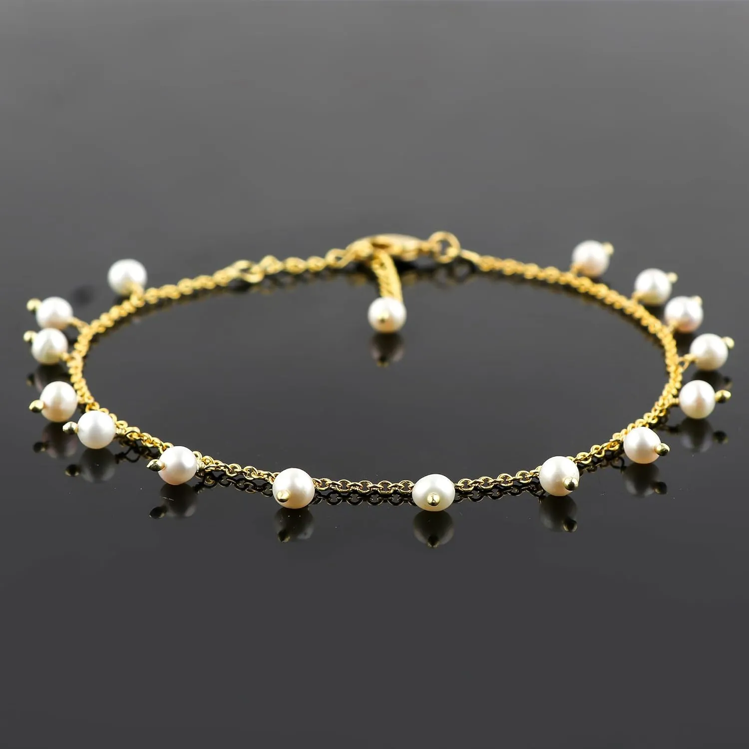 Beaded Ankle Bracelet | Freshwater Cultured Pearls Beaded Anklet | Handmade Jewelry | Healing Crystals | Gold Plated | Adjustable Chain | Birthday Gift for Women | Size 9 1.50 inch