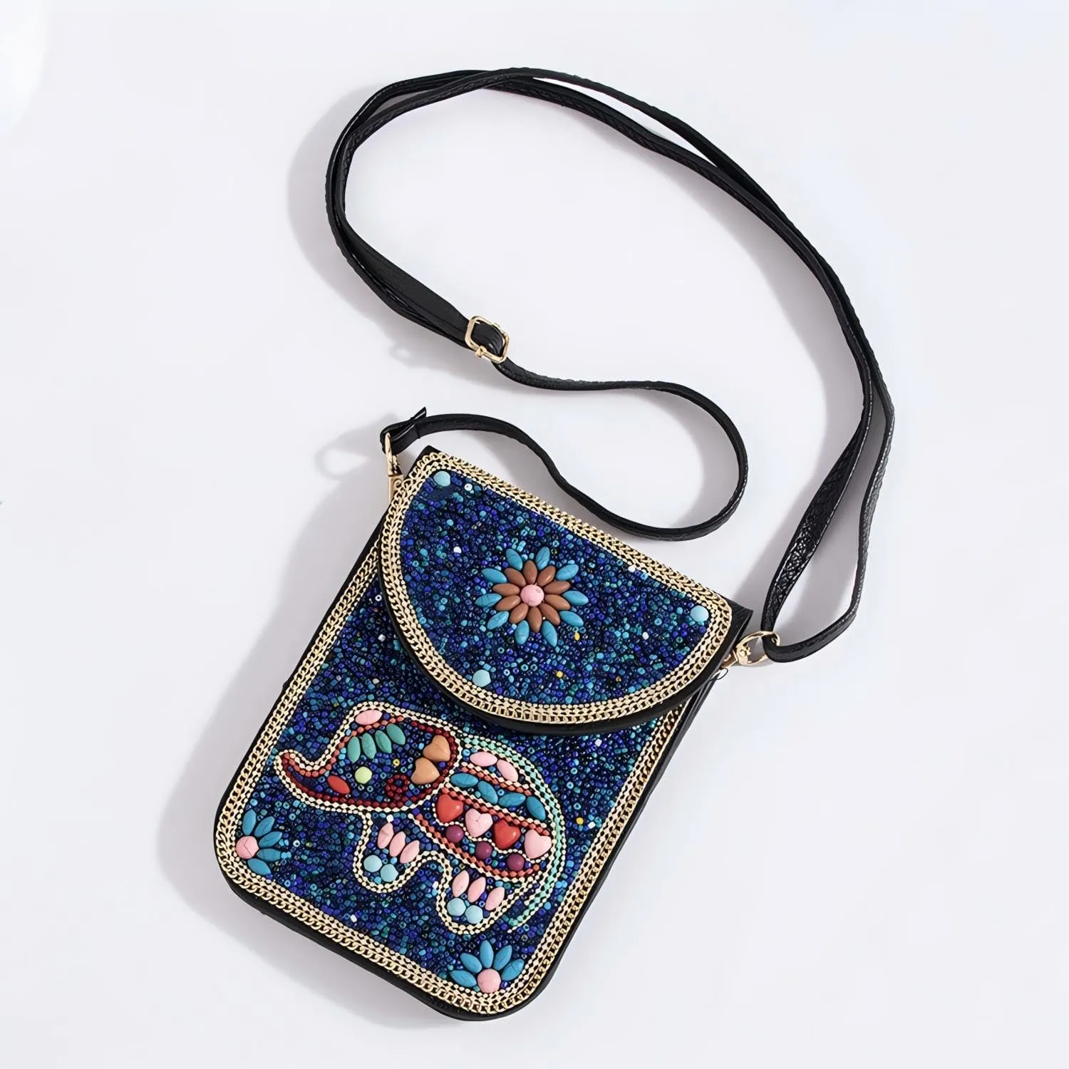 Beaded Cell Phone Crossbody Bag for Women, Boho Small Shoulder Purse Wallet with Beads and Turquoise Design, Adjustable Strap