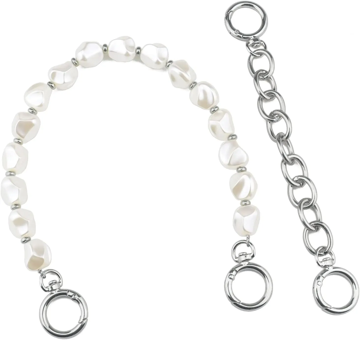Beaulegan Unique Pearl Purse Chain Handles - Short Strap Replacement for Handbag Set of 2, 15.7 & 7.8 Inch Long (Silver)