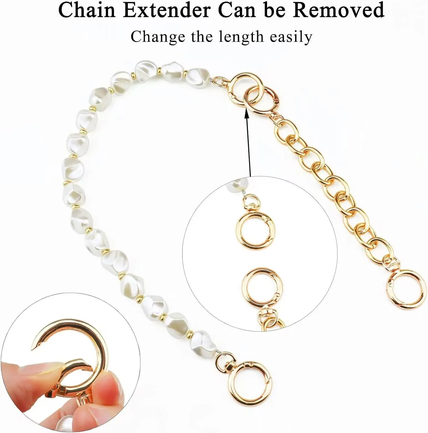 Beaulegan Unique Pearl Purse Chain Handles - Short Strap Replacement for Handbag Set of 2, 15.7 & 7.8 Inch Long (Silver)