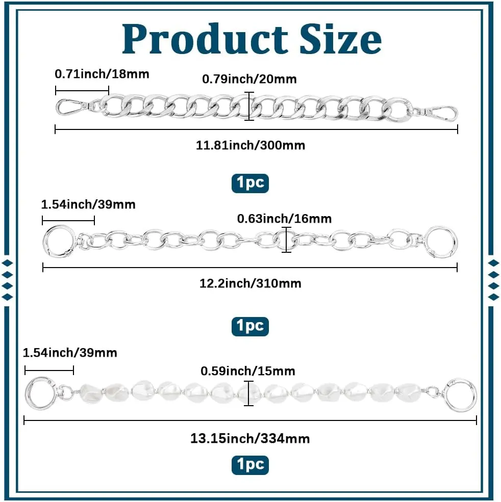 Beebeecraft 3Pcs 3 Styles Purse Chain Extender 11.8/12.2/13.2 Inch Cable Twist Imitation Pearl Chain Bag Strap Extender Replacement Handle with Swivel Clasps for Handbag Making DIY