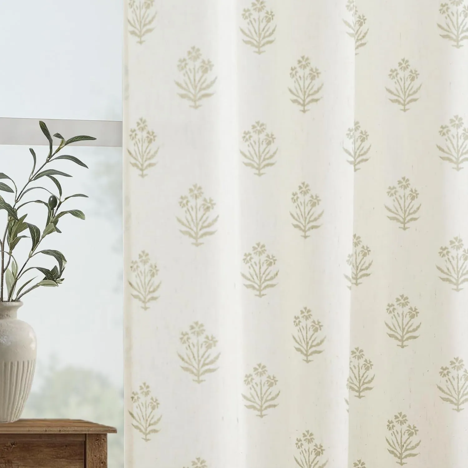 Beige Curtains for Living Room,French Country Sheer Linen Boho Floral Pattern Modern Farmhouse Dining Room Curtains 84 Inch Length 2 Panels Set
