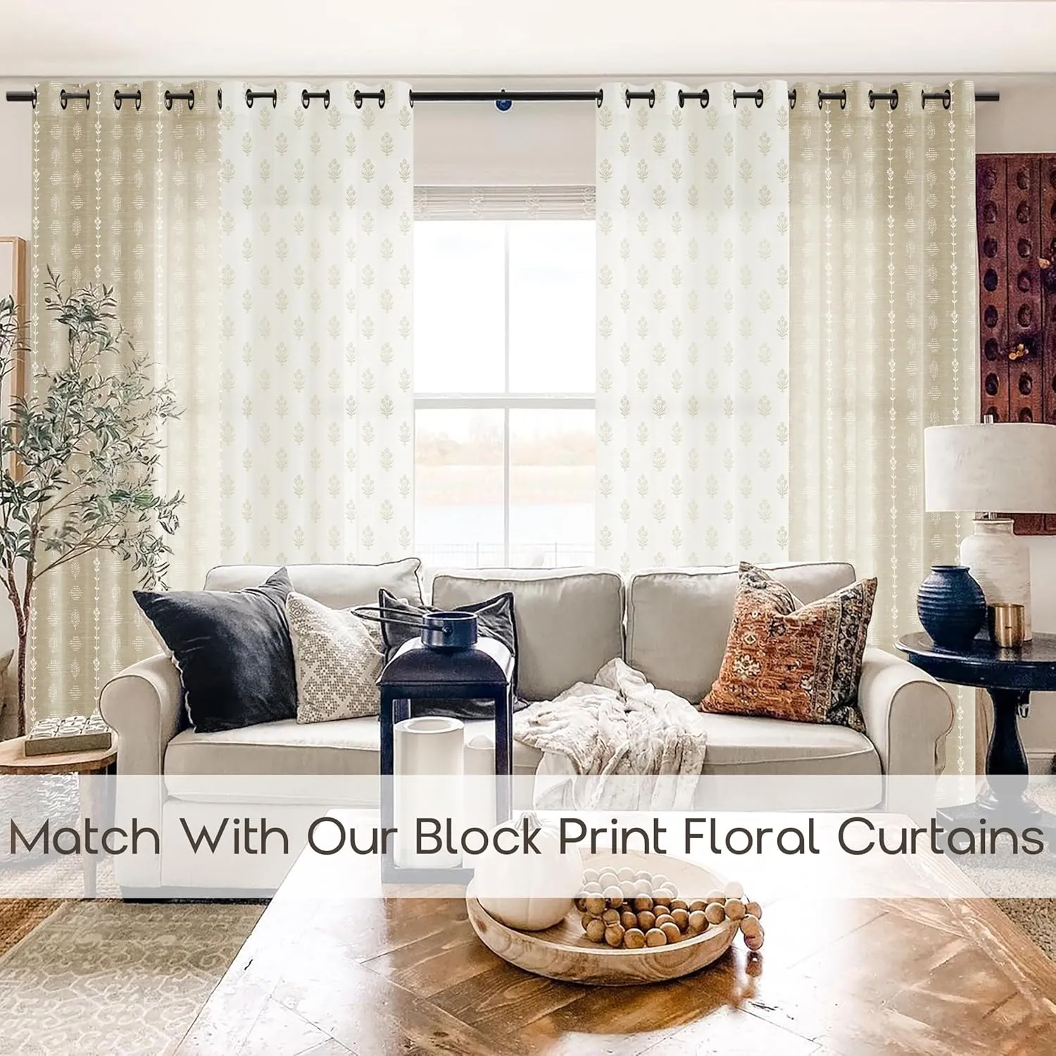 Beige Curtains for Living Room,French Country Sheer Linen Boho Floral Pattern Modern Farmhouse Dining Room Curtains 84 Inch Length 2 Panels Set
