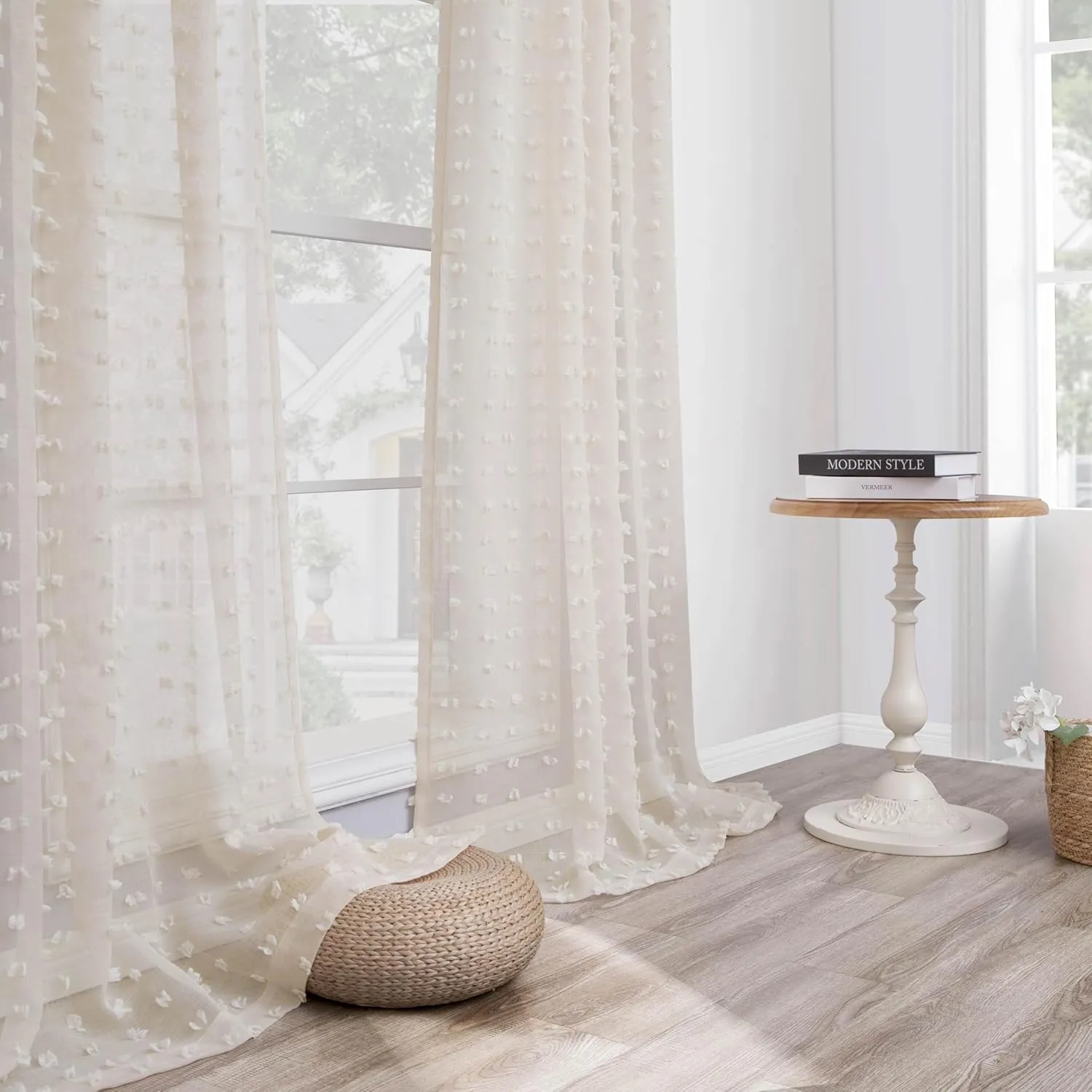 Beige Sheer Curtains 63 Inch Length for Bedroom Living Room Kids Nursery Window Pompom Design Country Rustic Farmhouse Boho Cute Semi Sheer Curtain Modern Elegant Back Tab 2 Panels 52x63 Light Beige