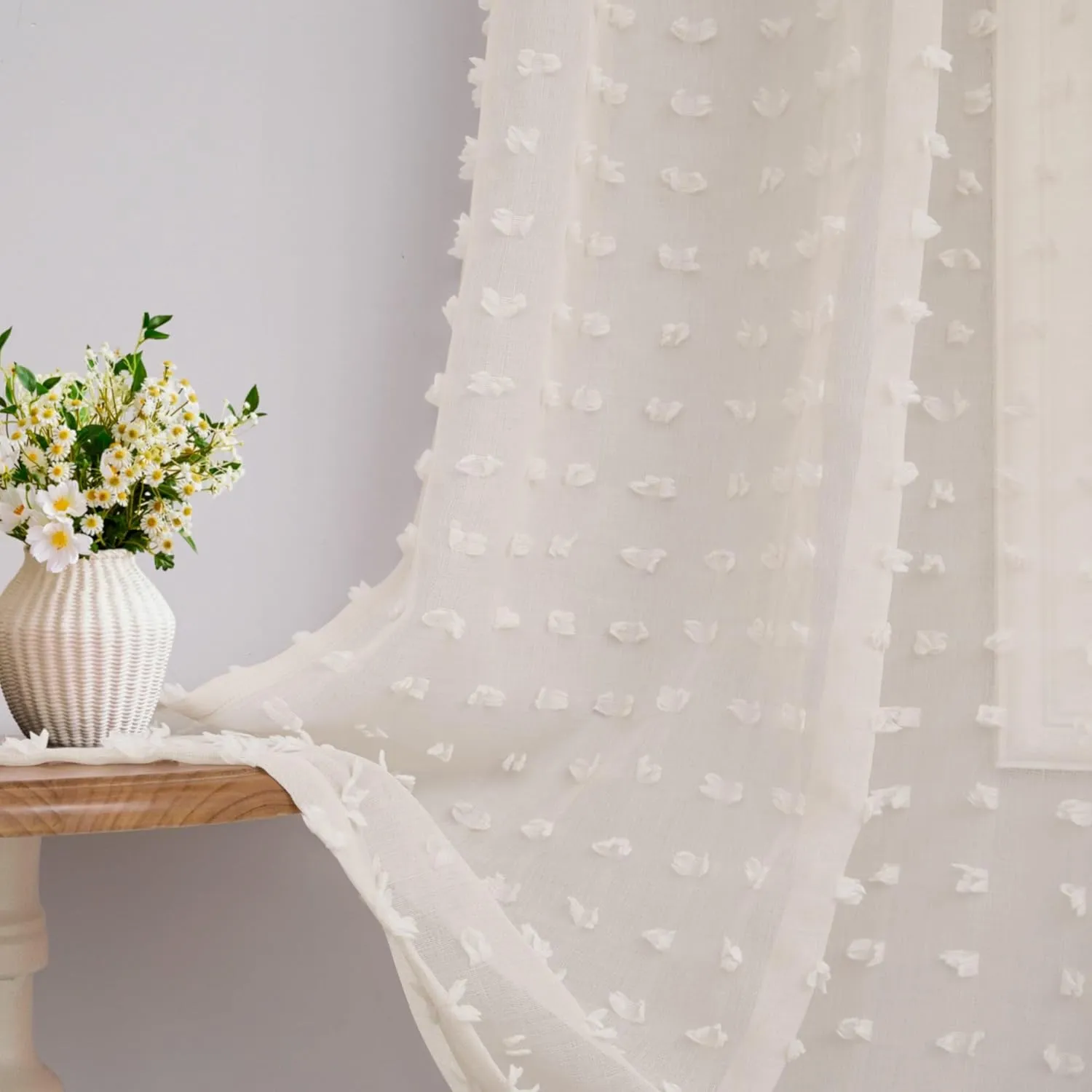 Beige Sheer Curtains 63 Inch Length for Bedroom Living Room Kids Nursery Window Pompom Design Country Rustic Farmhouse Boho Cute Semi Sheer Curtain Modern Elegant Back Tab 2 Panels 52x63 Light Beige