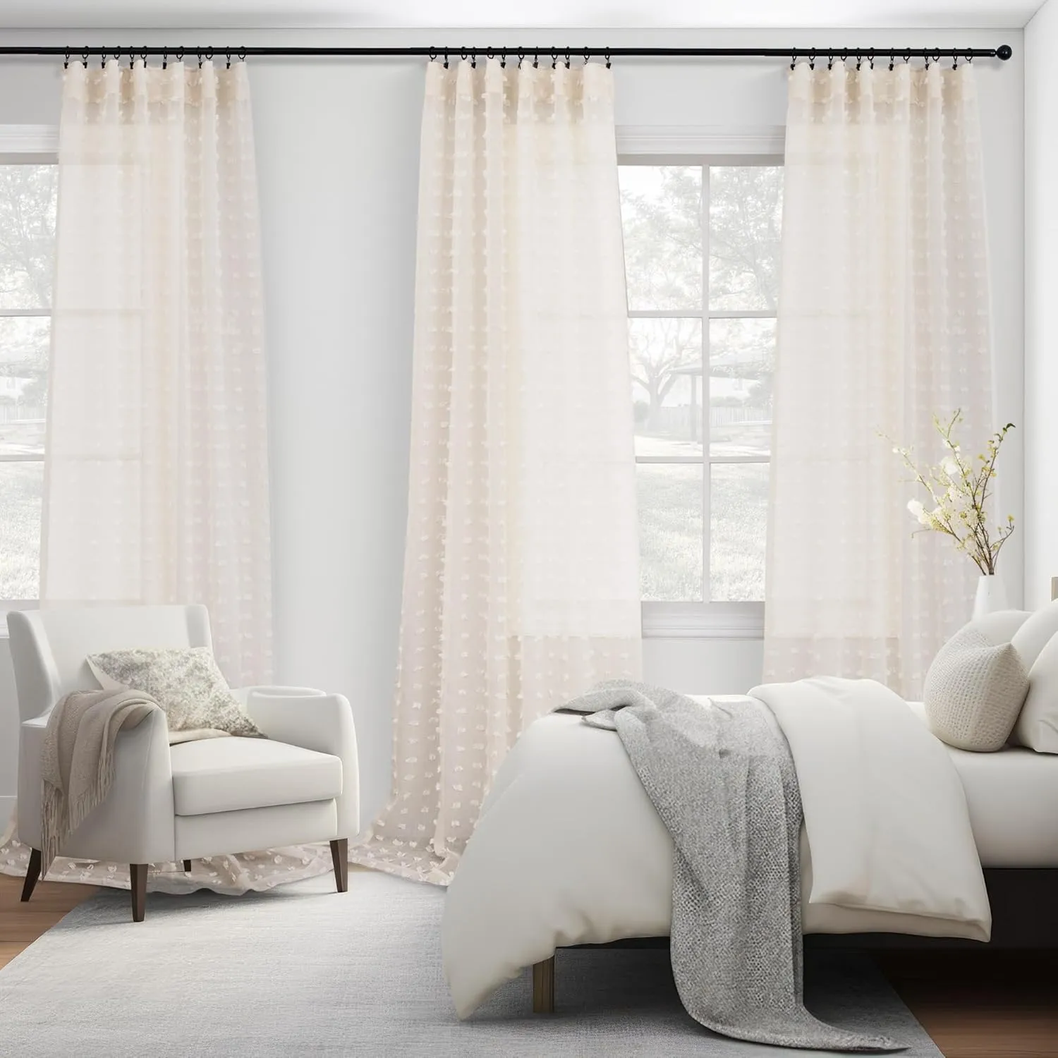 Beige Sheer Curtains 63 Inch Length for Bedroom Living Room Kids Nursery Window Pompom Design Country Rustic Farmhouse Boho Cute Semi Sheer Curtain Modern Elegant Back Tab 2 Panels 52x63 Light Beige