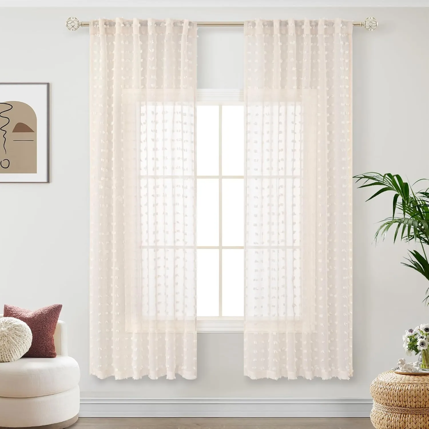 Beige Sheer Curtains 63 Inch Length for Bedroom Living Room Kids Nursery Window Pompom Design Country Rustic Farmhouse Boho Cute Semi Sheer Curtain Modern Elegant Back Tab 2 Panels 52x63 Light Beige
