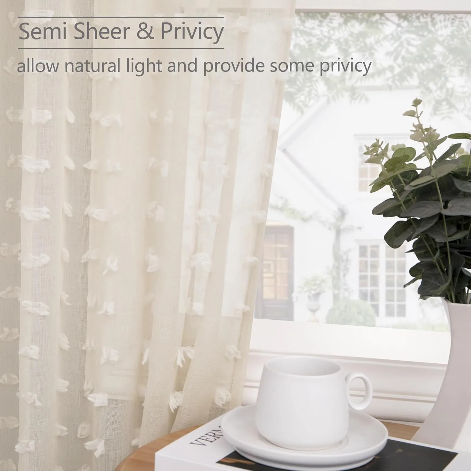 Beige Sheer Curtains 63 Inch Length for Bedroom Living Room Kids Nursery Window Pompom Design Country Rustic Farmhouse Boho Cute Semi Sheer Curtain Modern Elegant Back Tab 2 Panels 52x63 Light Beige