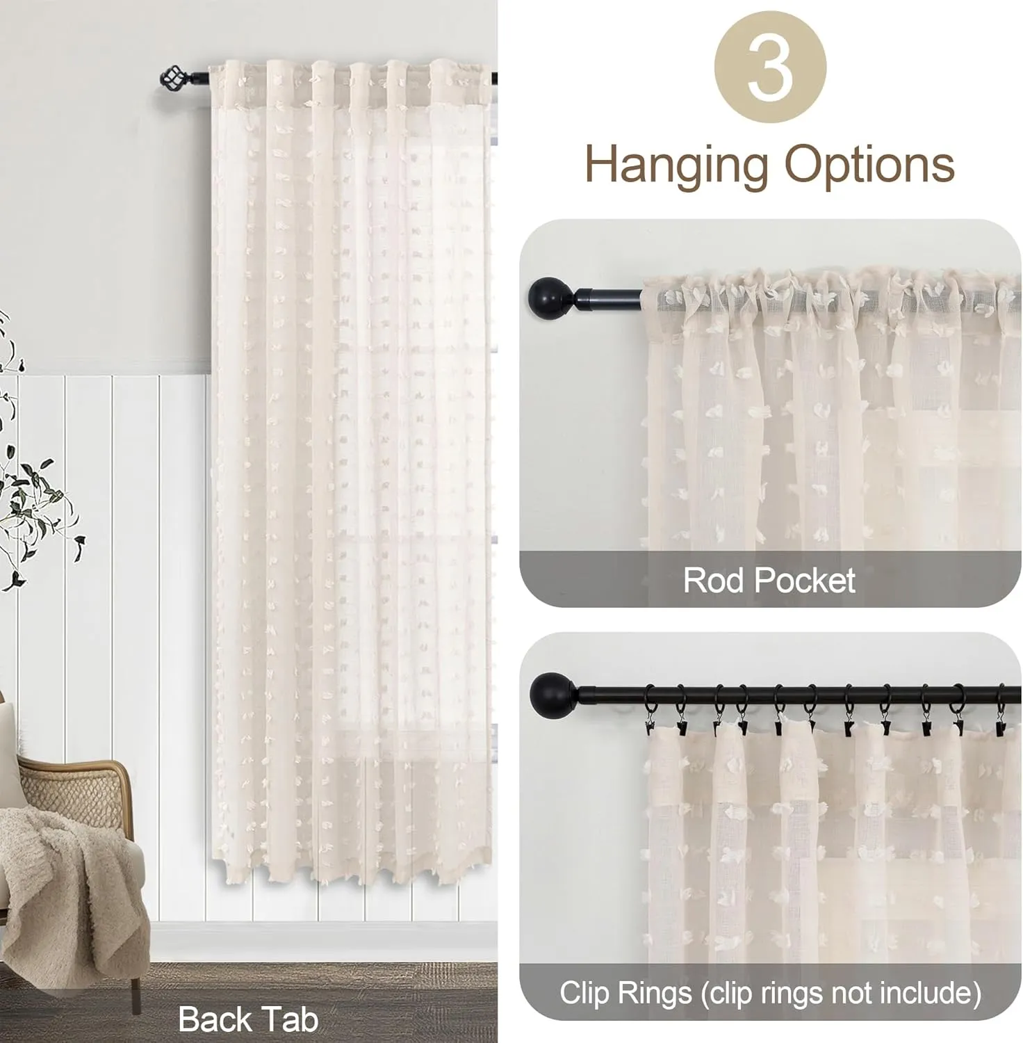 Beige Sheer Curtains 63 Inch Length for Bedroom Living Room Kids Nursery Window Pompom Design Country Rustic Farmhouse Boho Cute Semi Sheer Curtain Modern Elegant Back Tab 2 Panels 52x63 Light Beige