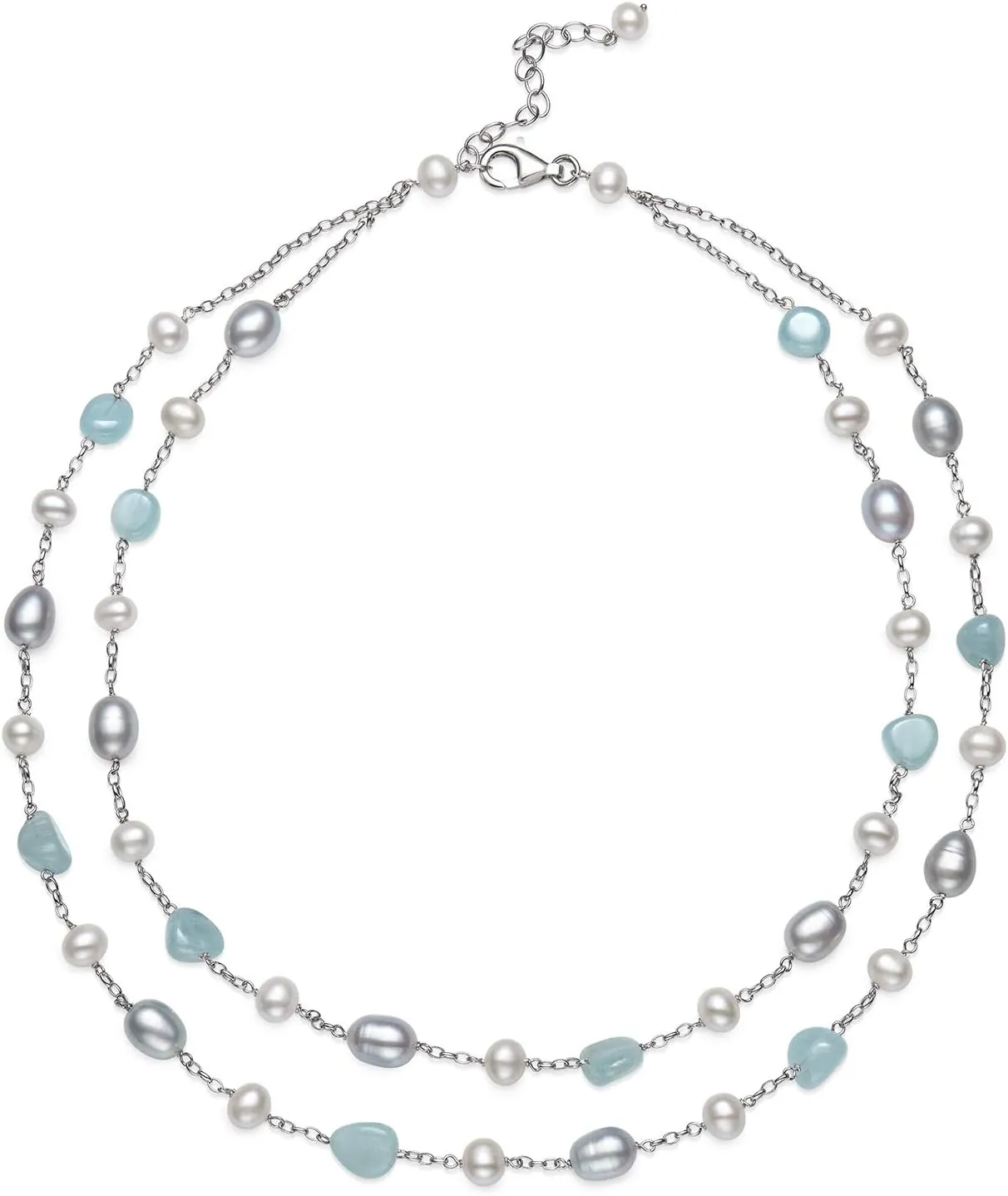 Belacqua Natural Aquamarine & Cultured Freshwater Pearl Layered Station Necklace for Women | Sterling Silver 18" Rolo Chain | Jewelry for Her | Gift Box Included