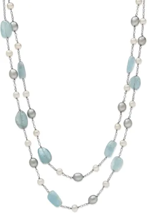 Belacqua Natural Aquamarine & Cultured Freshwater Pearl Layered Station Necklace for Women | Sterling Silver 18" Rolo Chain | Jewelry for Her | Gift Box Included