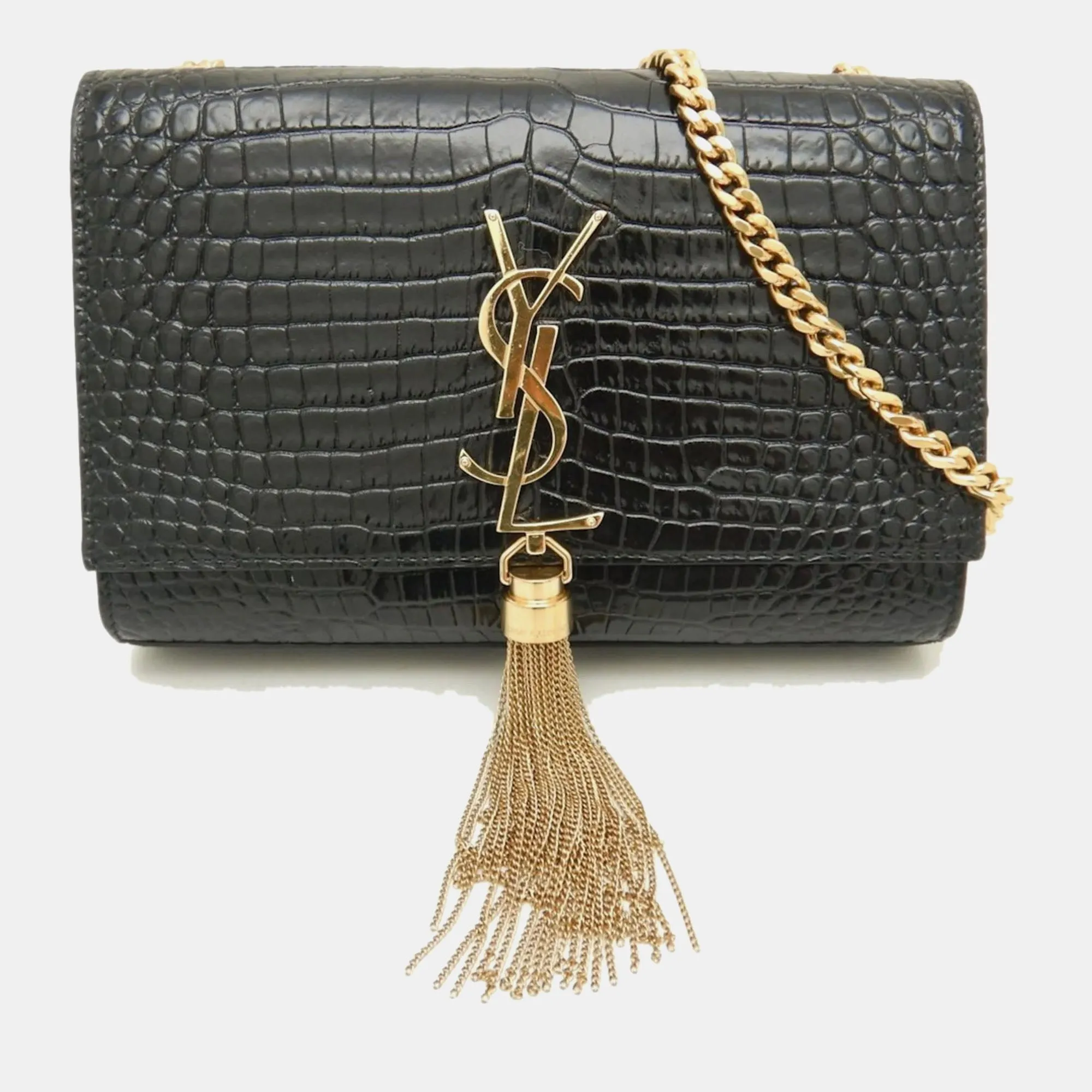 Black Crocodile Embossed Medium Classic Kate Tassel Chain Shoulder Bag