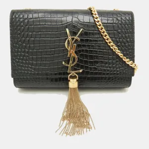 Black Crocodile Embossed Medium Classic Kate Tassel Chain Shoulder Bag
