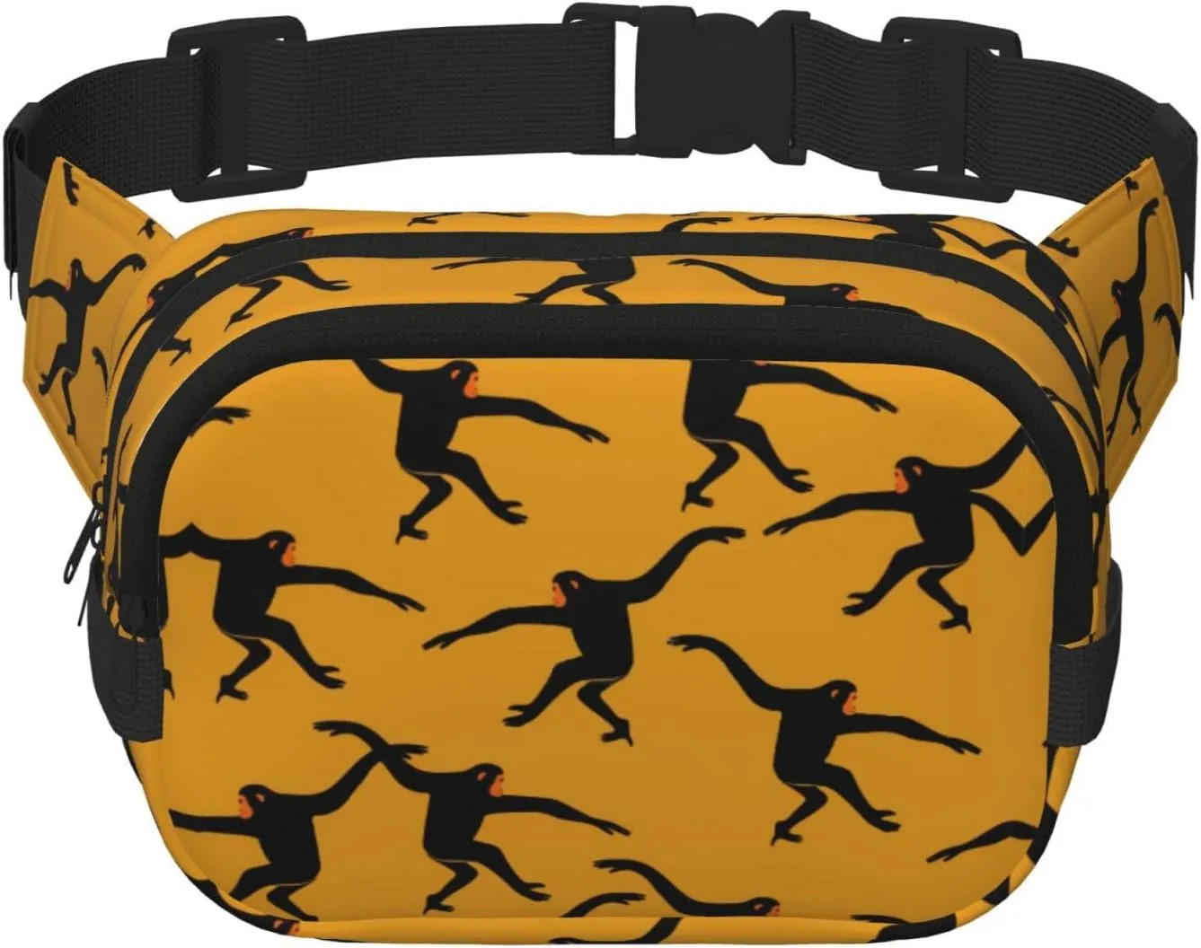 Black Gibbon Monkey Print Unisex Square Double Layer Waist Bag Trendy Crossbody Fanny Pack Travel Workouts