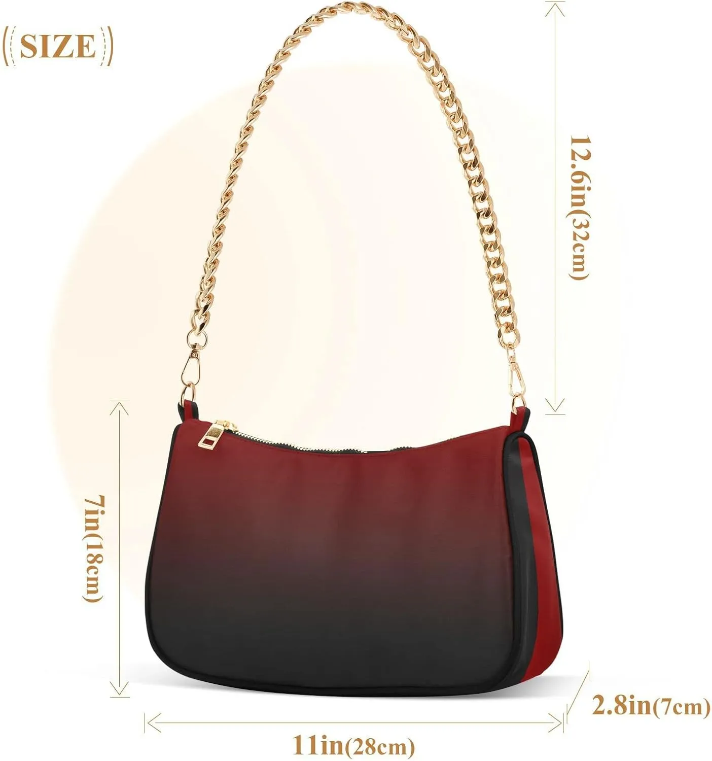 Black Red Gradient Shoulder Bag for Women Fabric Crescent Handbag with Zipper Chain Clutch Purses