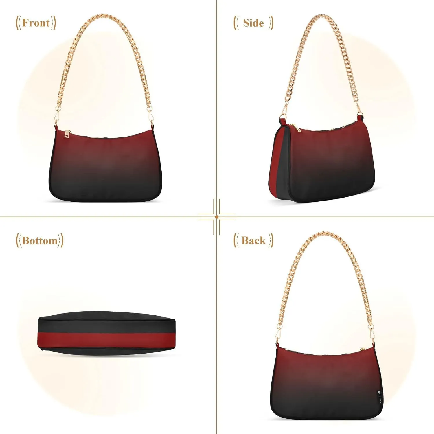 Black Red Gradient Shoulder Bag for Women Fabric Crescent Handbag with Zipper Chain Clutch Purses