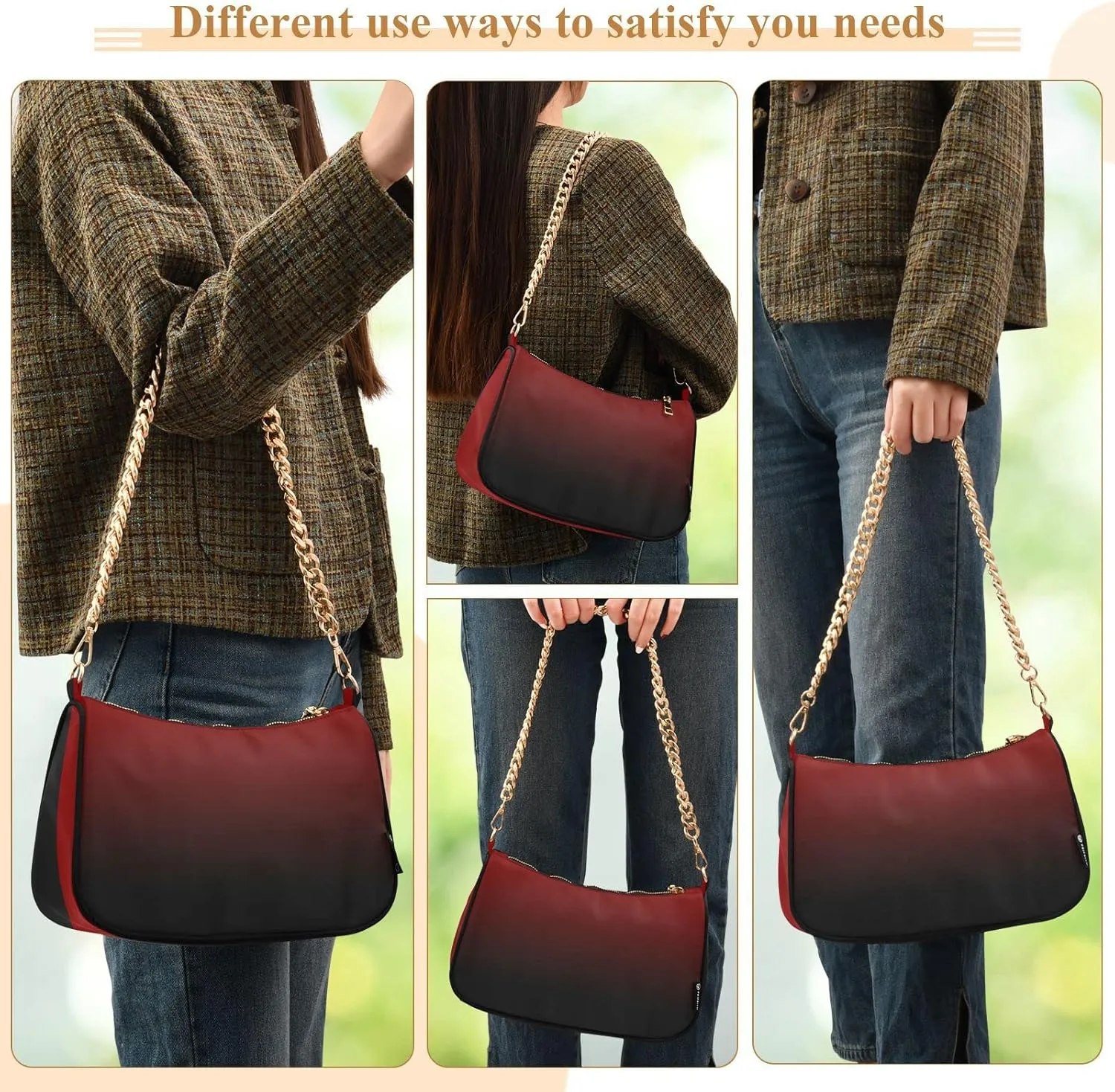 Black Red Gradient Shoulder Bag for Women Fabric Crescent Handbag with Zipper Chain Clutch Purses