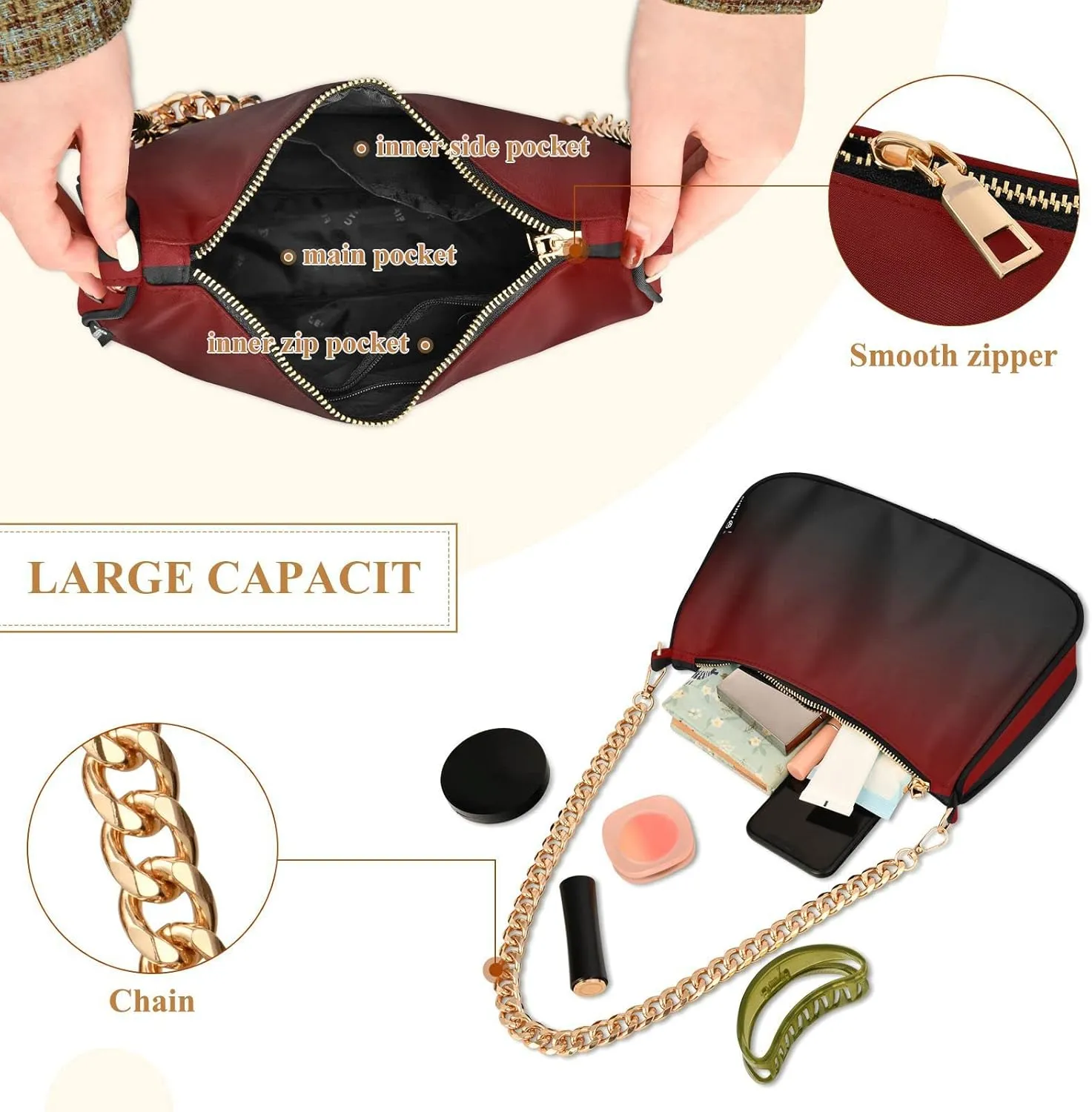 Black Red Gradient Shoulder Bag for Women Fabric Crescent Handbag with Zipper Chain Clutch Purses