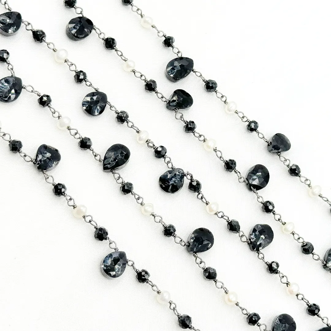Black Spinel & Pearl Oxidized Wire Chain. PRL13