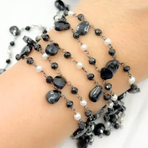 Black Spinel & Pearl Oxidized Wire Chain. PRL13