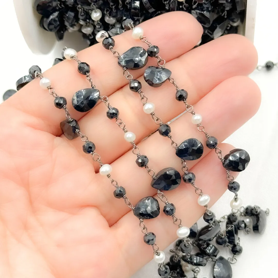 Black Spinel & Pearl Oxidized Wire Chain. PRL13