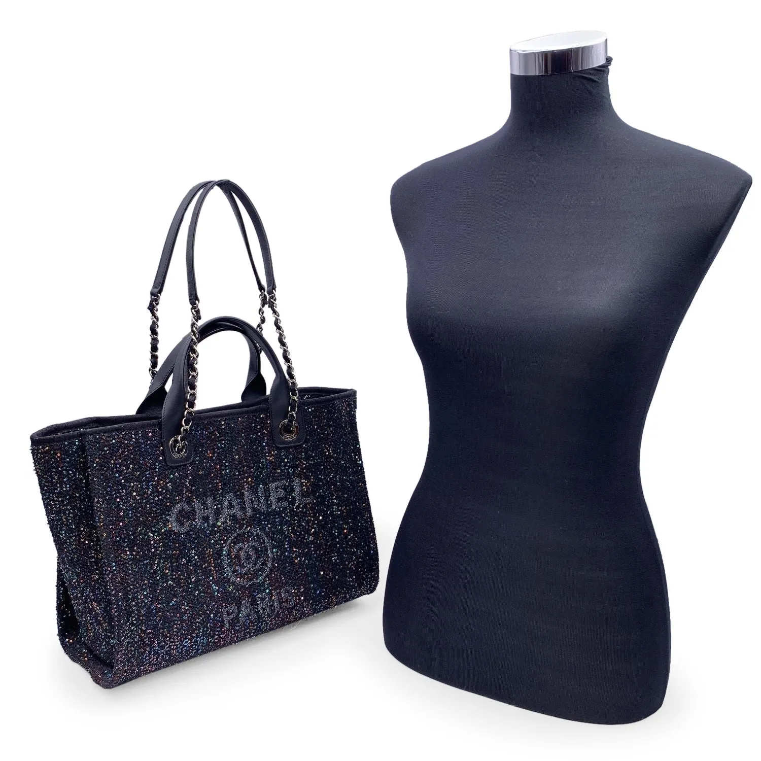 Black Tote Top Going fast Privacy-focused Sparkle Deauville Medium Sequin Bag Canvas Quality Chanel