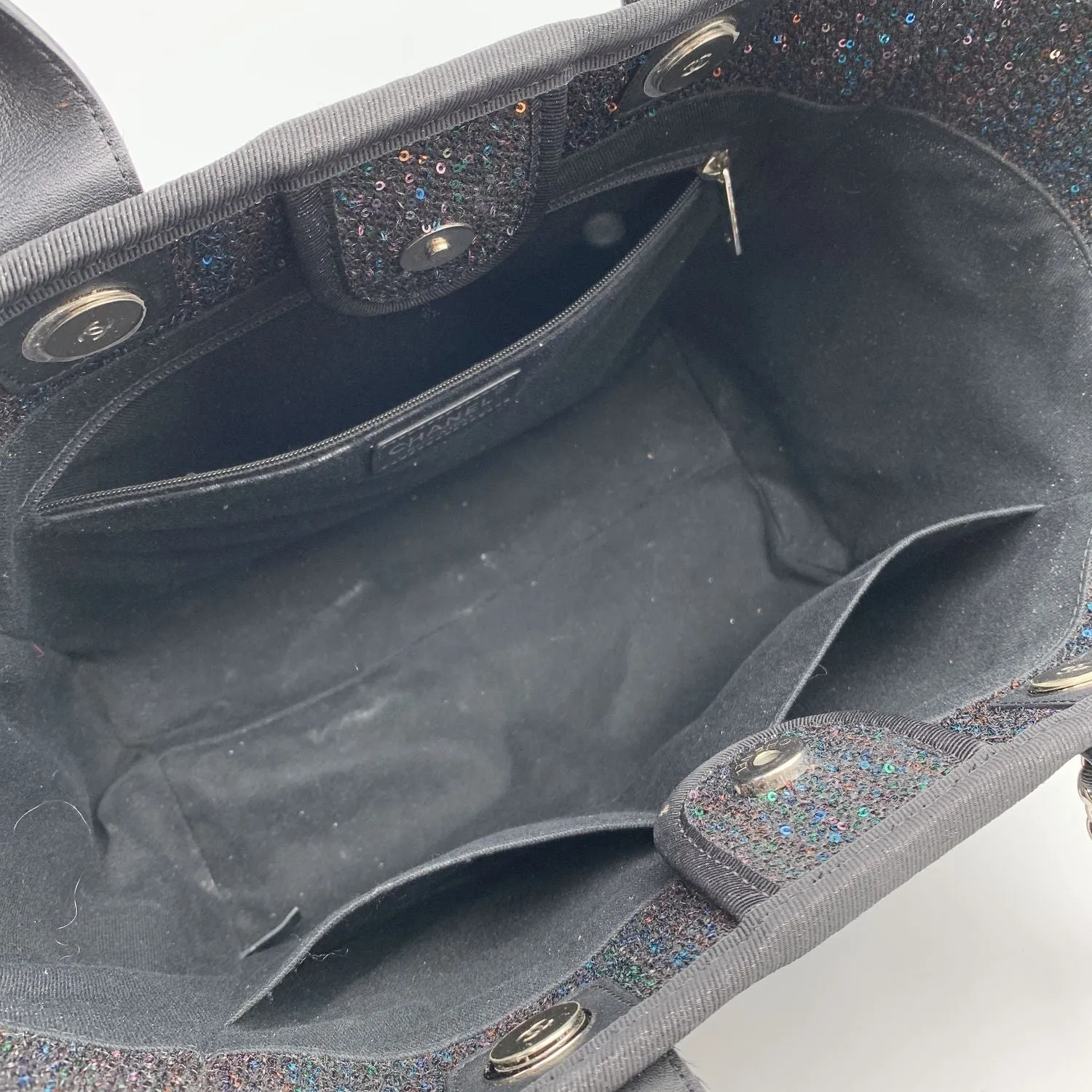 Black Tote Top Going fast Privacy-focused Sparkle Deauville Medium Sequin Bag Canvas Quality Chanel
