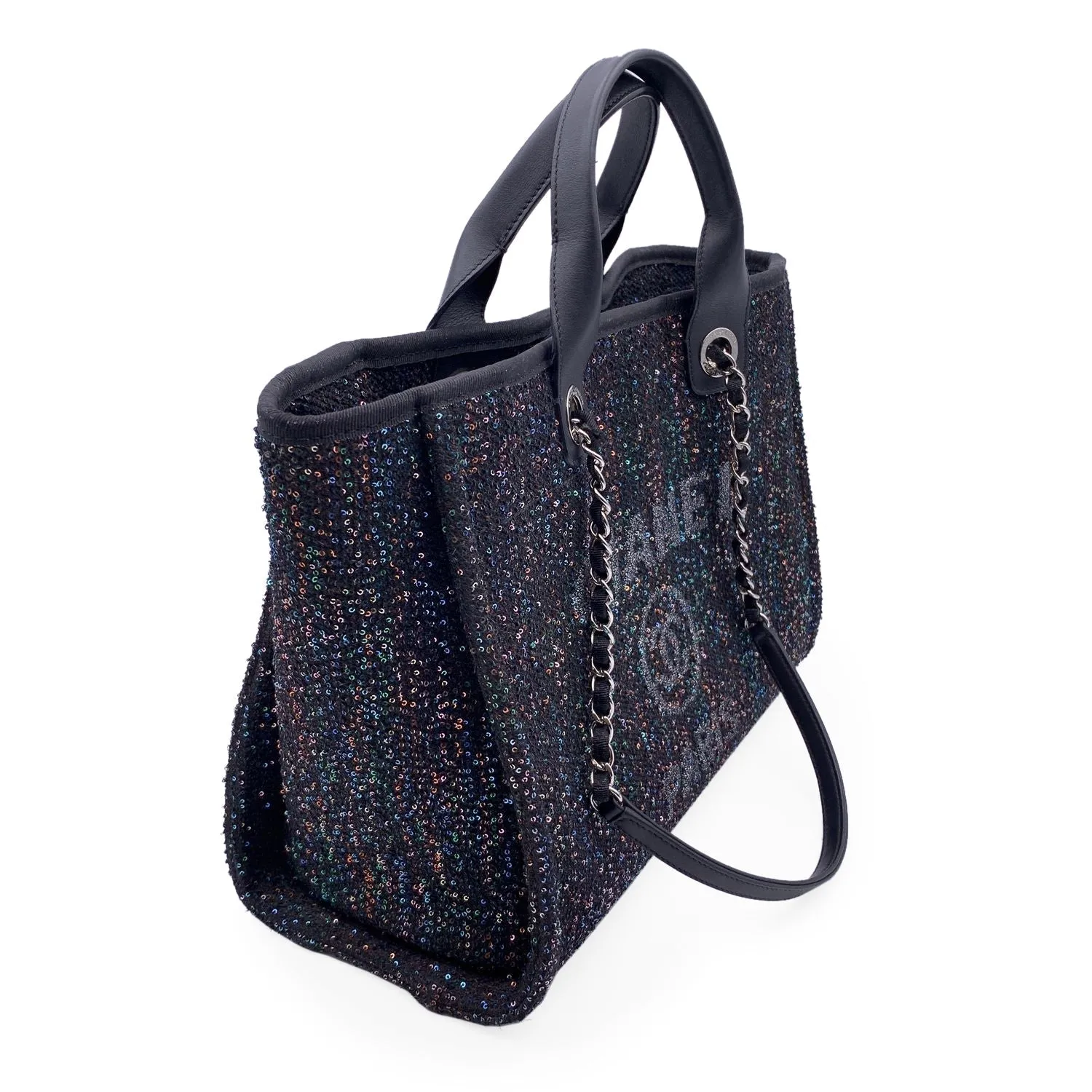 Black Tote Top Going fast Privacy-focused Sparkle Deauville Medium Sequin Bag Canvas Quality Chanel