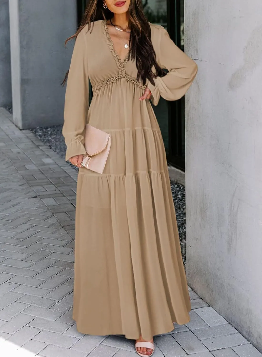 BLENCOT Womens Casual Boho Deep V Neck Short Sleeve Long Dress