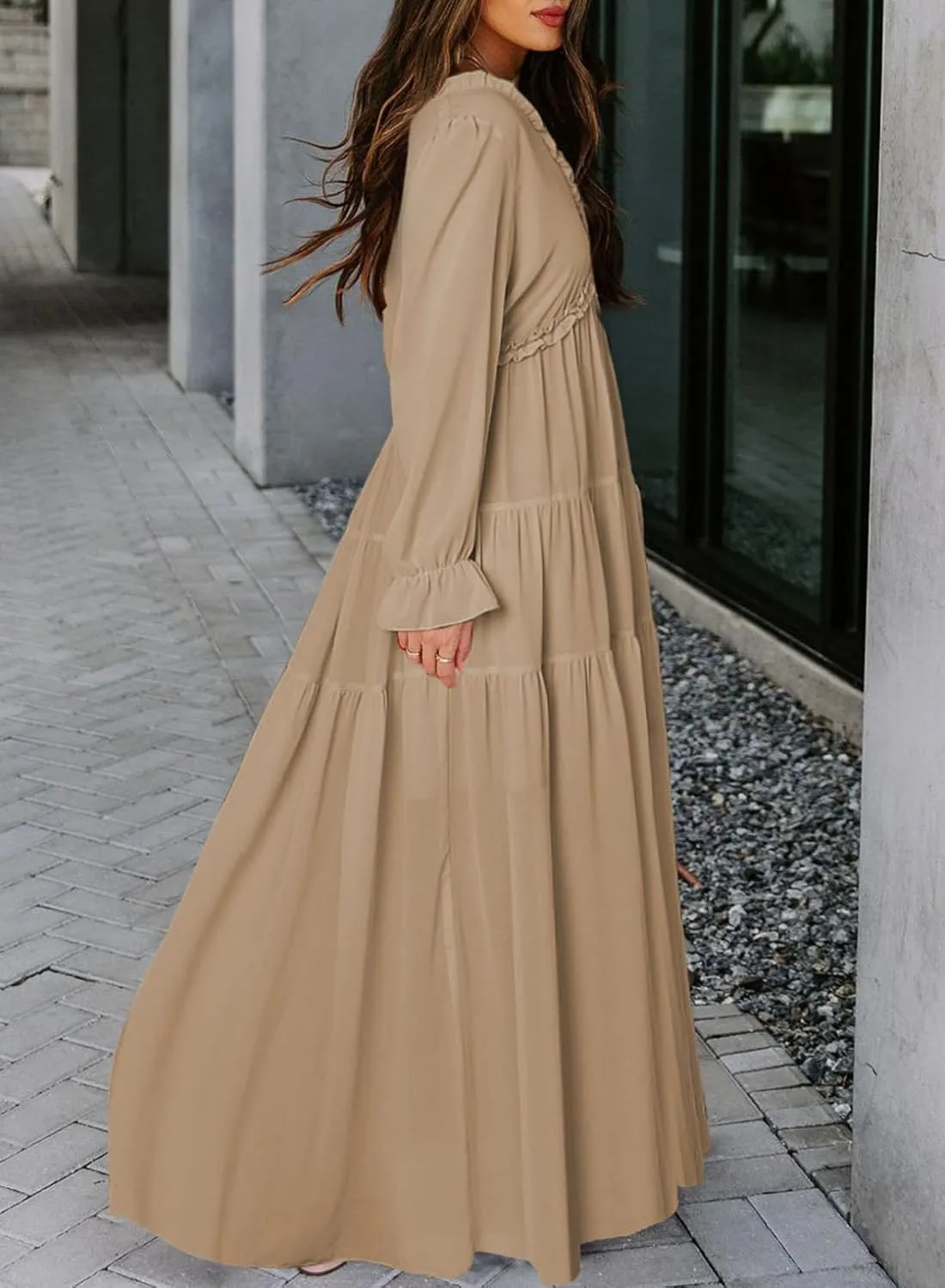 BLENCOT Womens Casual Boho Deep V Neck Short Sleeve Long Dress
