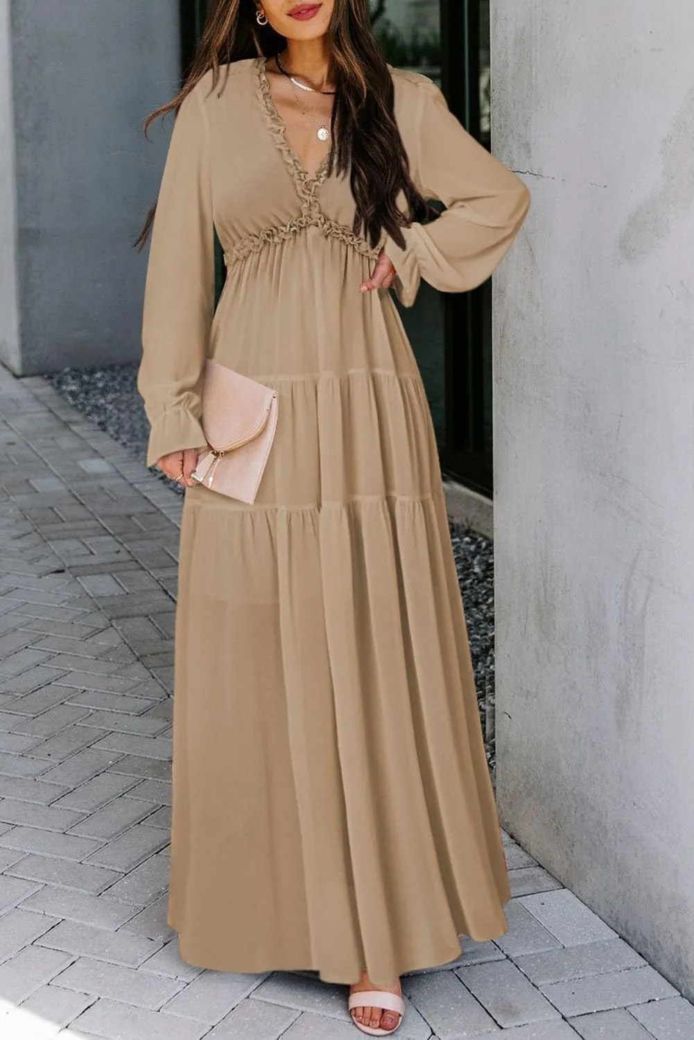 BLENCOT Womens Casual Boho Deep V Neck Short Sleeve Long Dress