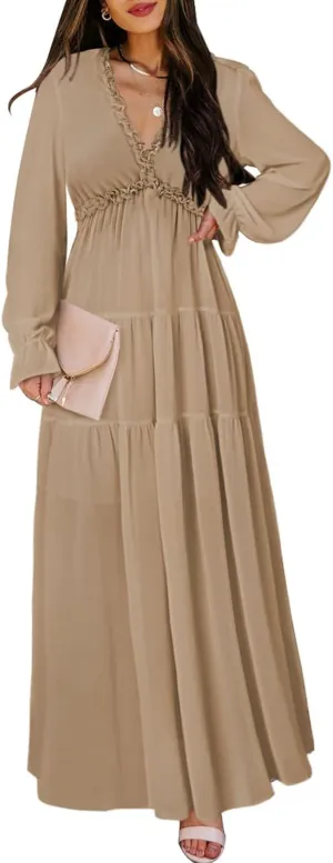 BLENCOT Womens Casual Boho Deep V Neck Short Sleeve Long Dress