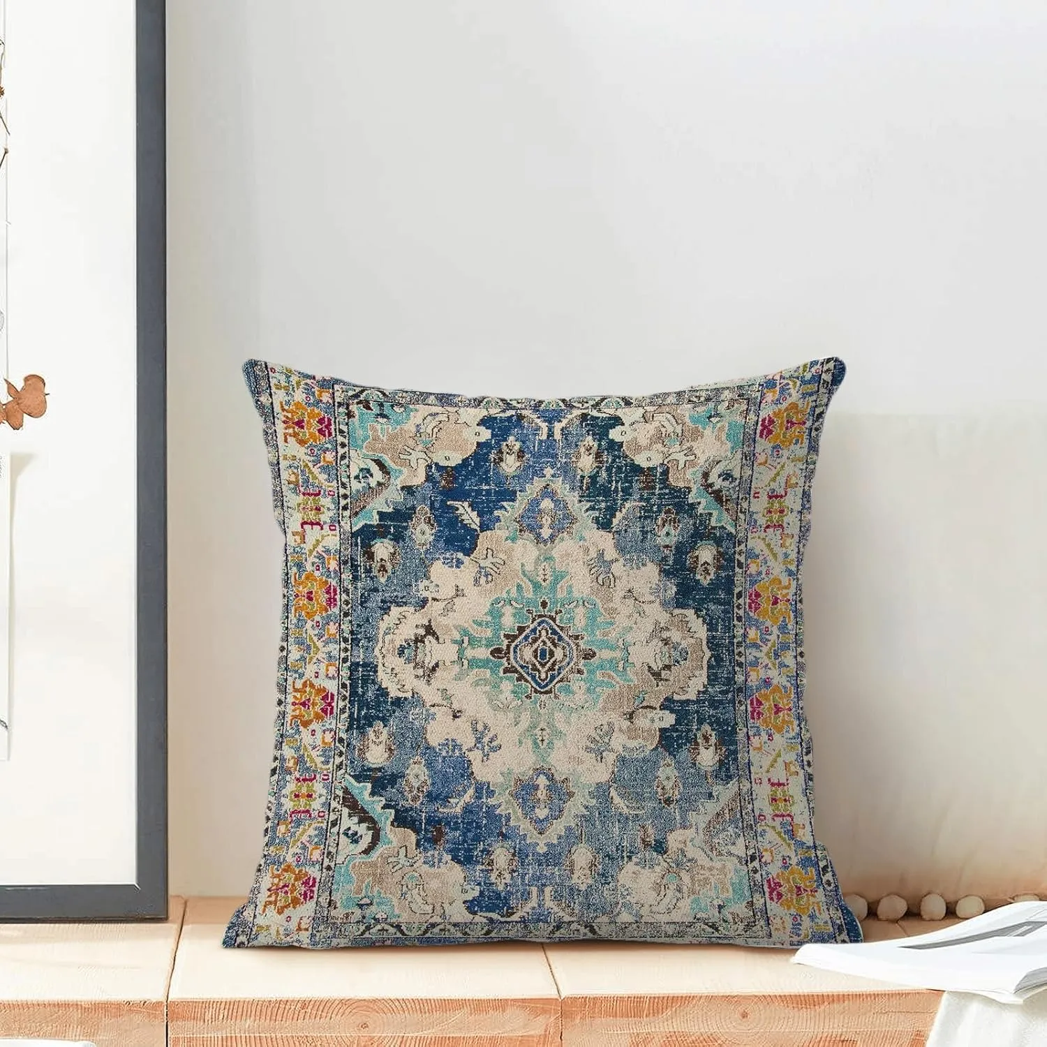 Blue Boho Pillow Covers 20x20 Set of 2, Carpet Rug Design Decorative Boho Throw Pillows Linen Farmhouse Bohemian Cushion Pillow Covers for Sofa Couch Outdoor Decor