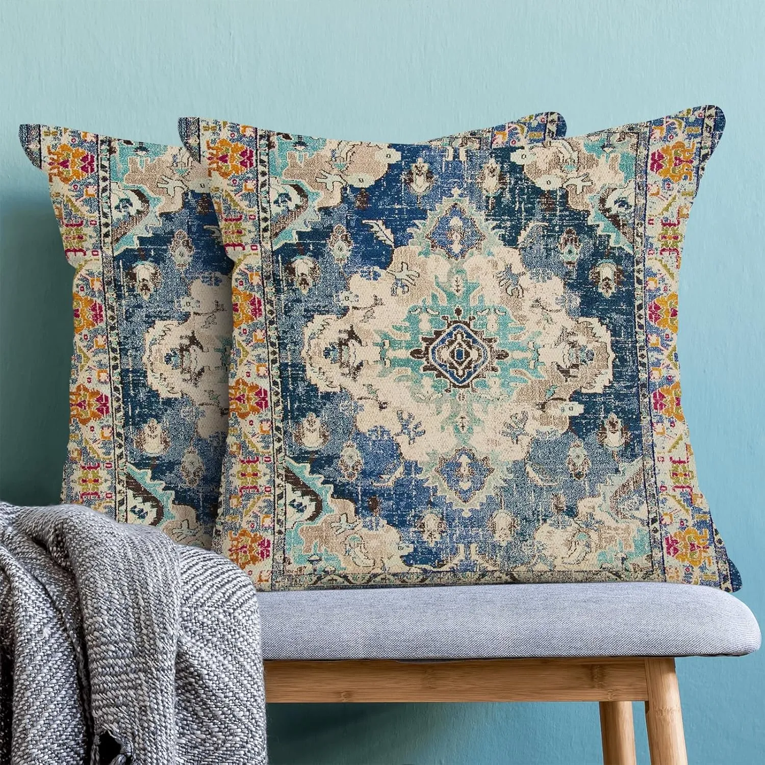 Blue Boho Pillow Covers 20x20 Set of 2, Carpet Rug Design Decorative Boho Throw Pillows Linen Farmhouse Bohemian Cushion Pillow Covers for Sofa Couch Outdoor Decor