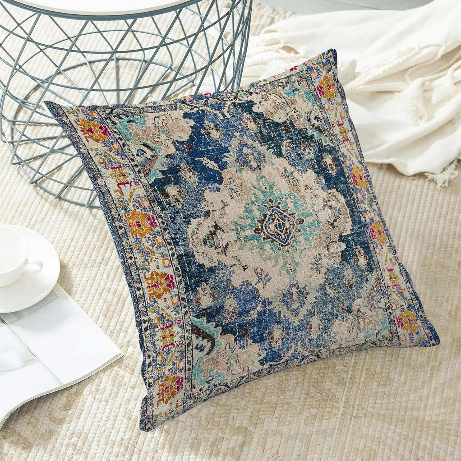 Blue Boho Pillow Covers 20x20 Set of 2, Carpet Rug Design Decorative Boho Throw Pillows Linen Farmhouse Bohemian Cushion Pillow Covers for Sofa Couch Outdoor Decor
