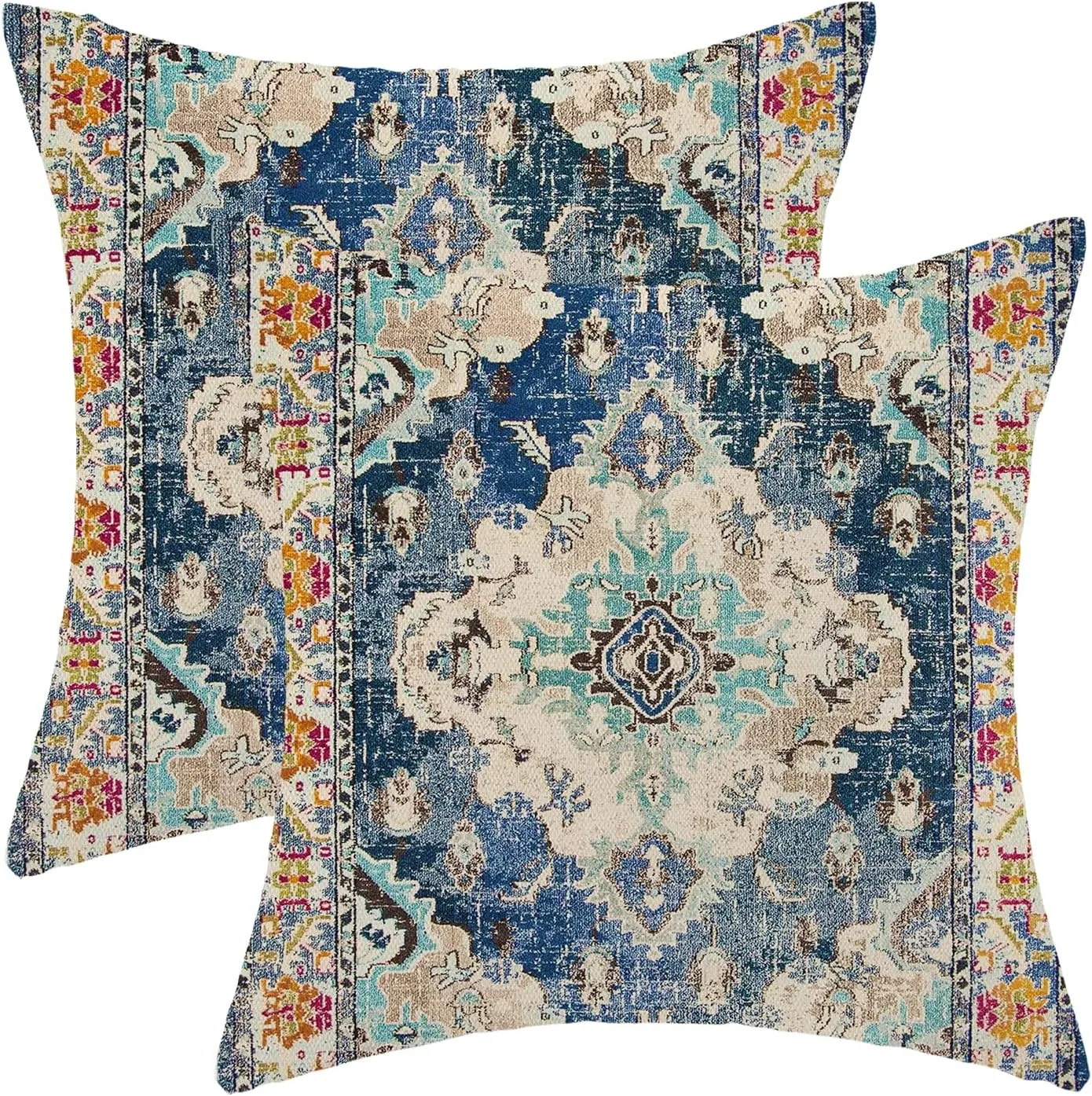Blue Boho Pillow Covers 20x20 Set of 2, Carpet Rug Design Decorative Boho Throw Pillows Linen Farmhouse Bohemian Cushion Pillow Covers for Sofa Couch Outdoor Decor