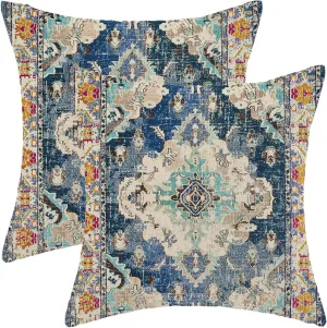 Blue Boho Pillow Covers 20x20 Set of 2, Carpet Rug Design Decorative Boho Throw Pillows Linen Farmhouse Bohemian Cushion Pillow Covers for Sofa Couch Outdoor Decor