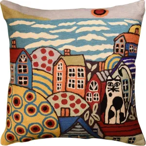 Blue Coastal Throw Pillow Cover | Karla Gerard Seaside Cat Pillow | Folklore Pillowcase | Nautical Chair Cushion | Flower Couch Pillow | Hand Embroidered Cushions Wool Size - 18x18