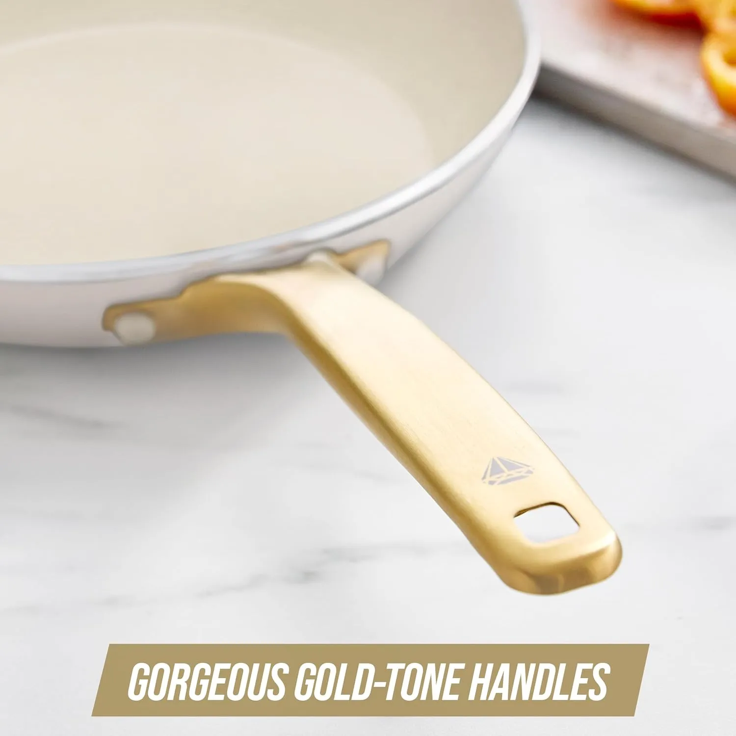 Blue Diamond 12" White Diamond Frying Pan Skillet, Gold-Tone Handle, Induction Suitable, Diamond Infused Ceramic Nonstick, PFAS-Free, Dishwasher Safe, Oven Safe, White
