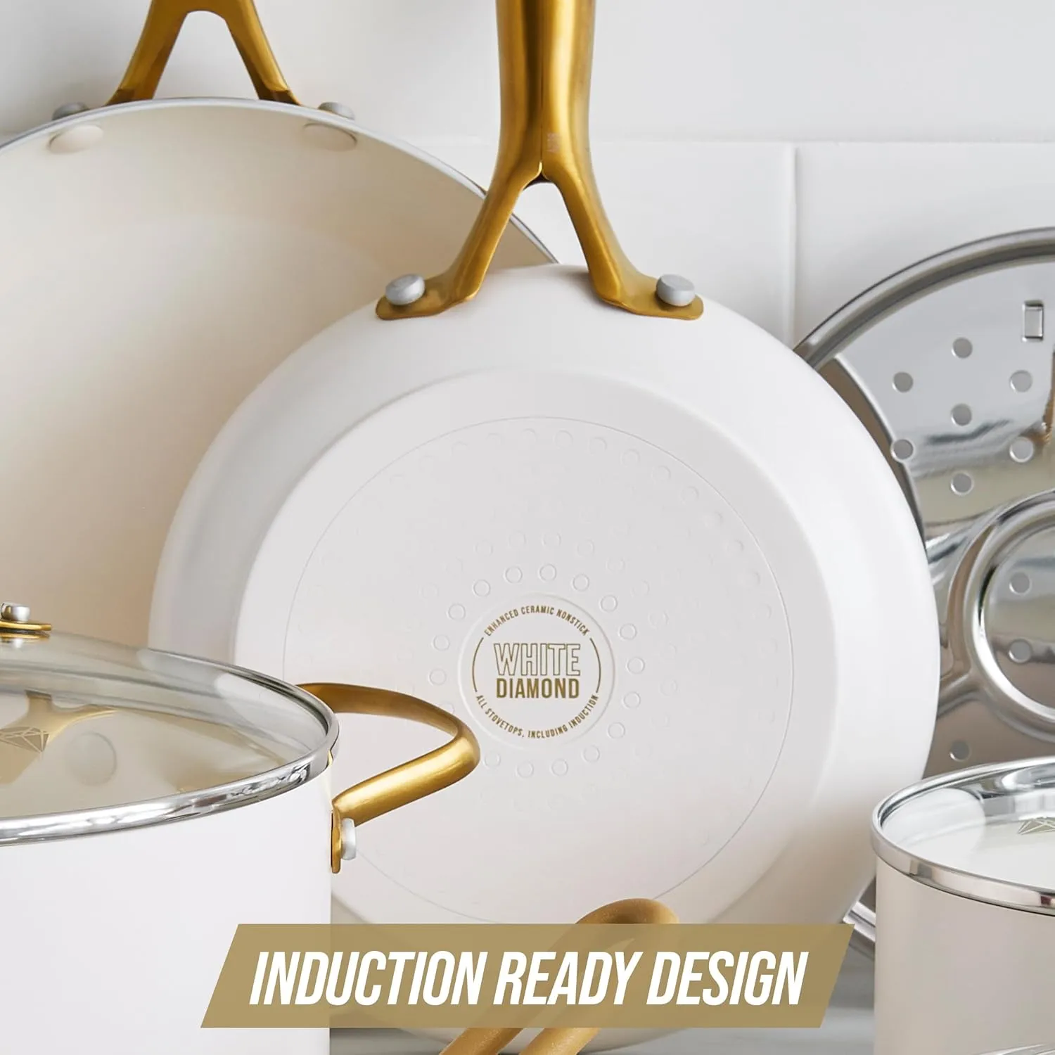 Blue Diamond 12" White Diamond Frying Pan Skillet, Gold-Tone Handle, Induction Suitable, Diamond Infused Ceramic Nonstick, PFAS-Free, Dishwasher Safe, Oven Safe, White