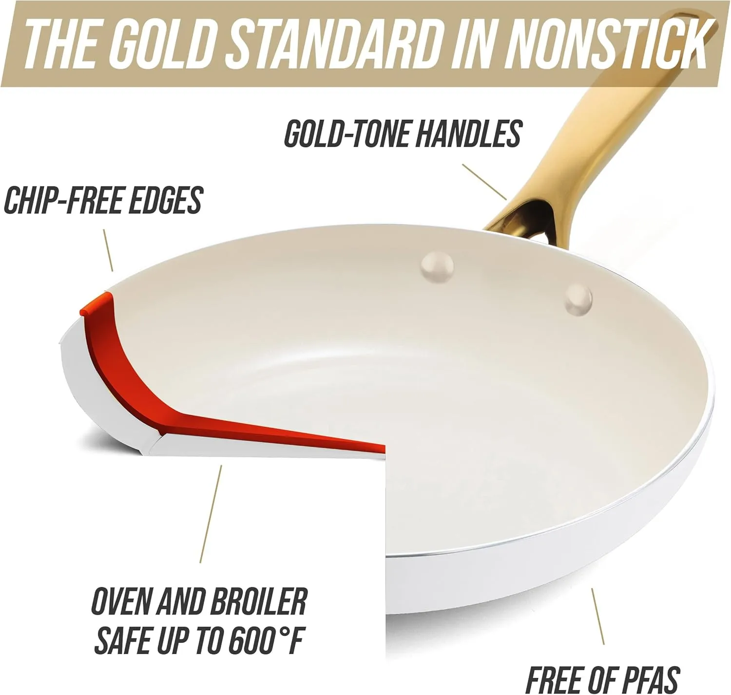 Blue Diamond 12" White Diamond Frying Pan Skillet, Gold-Tone Handle, Induction Suitable, Diamond Infused Ceramic Nonstick, PFAS-Free, Dishwasher Safe, Oven Safe, White