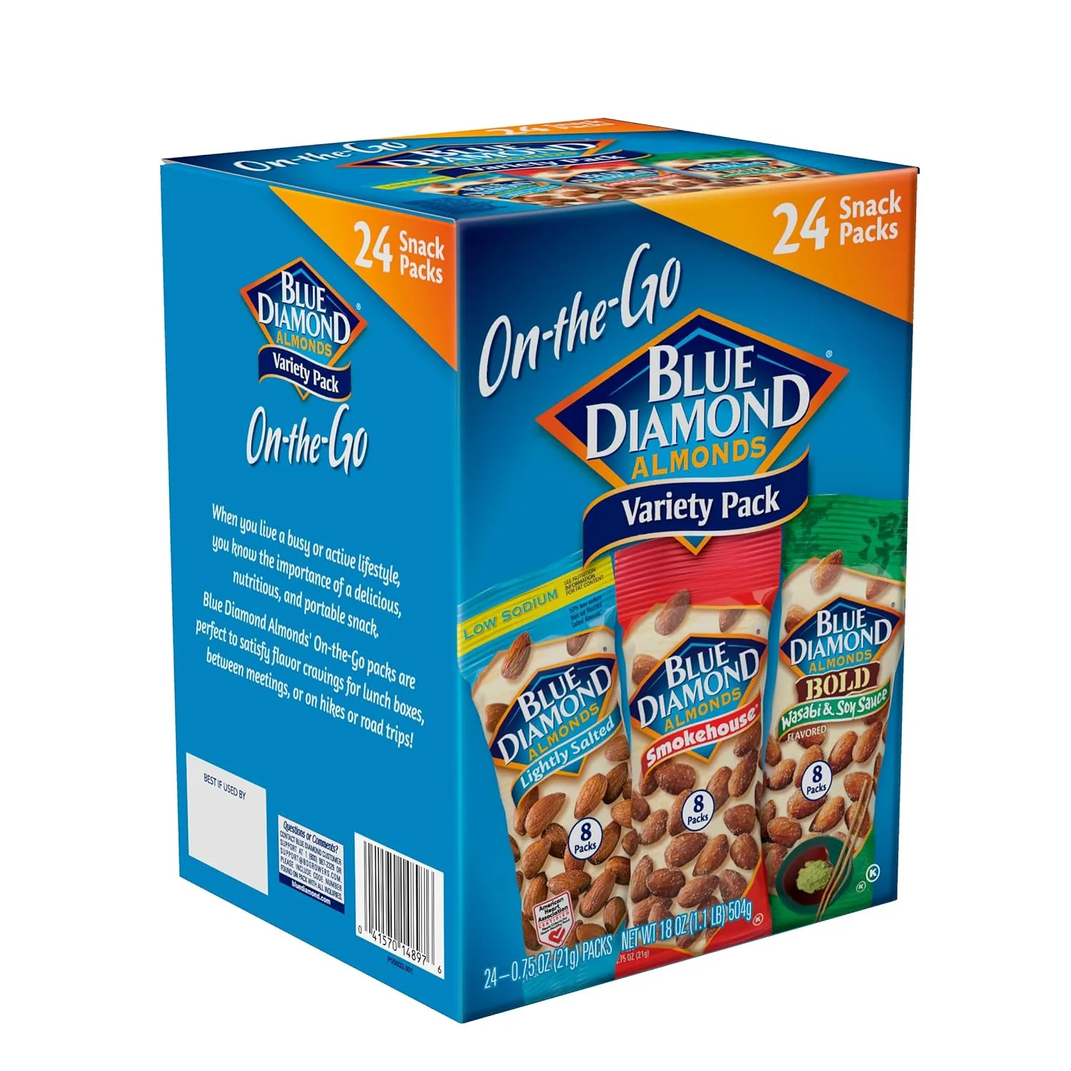 Blue Diamond Almonds Snack Nut Variety Pack for Kids, Office, School, On-the-go, 0.75 oz Gluten Free Individual Packs, Wasabi & Soy Sauce, Lightly Salted, and Smokehouse (Pack of 1,24 Count Total)