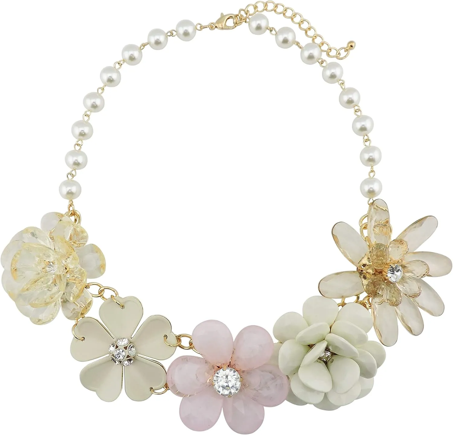 Bocar 5 Flower Braided Crystal Statement Chunky Necklace Bib Collar Flower Pearl Jewelry for Women
