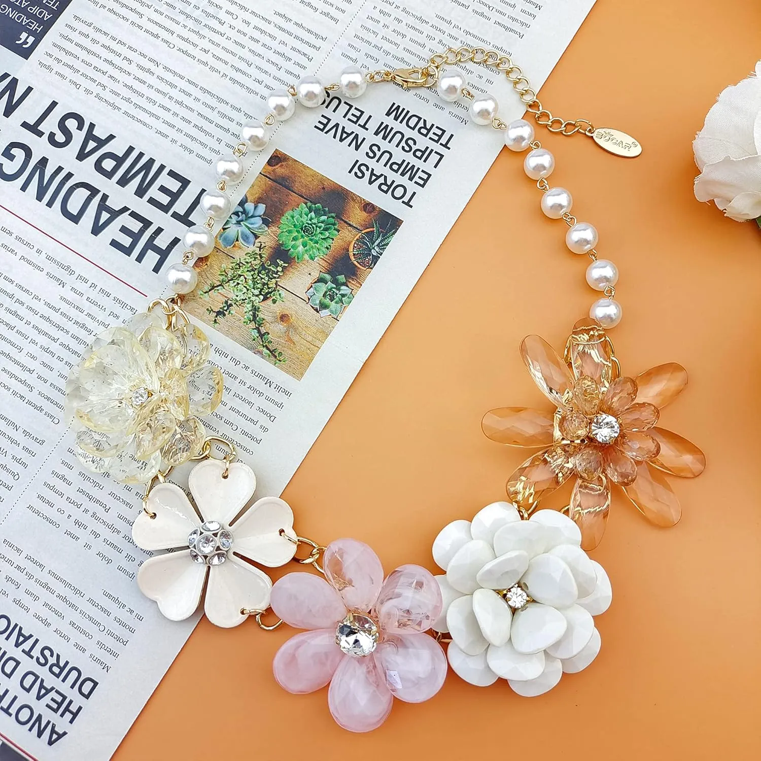 Bocar 5 Flower Braided Crystal Statement Chunky Necklace Bib Collar Flower Pearl Jewelry for Women
