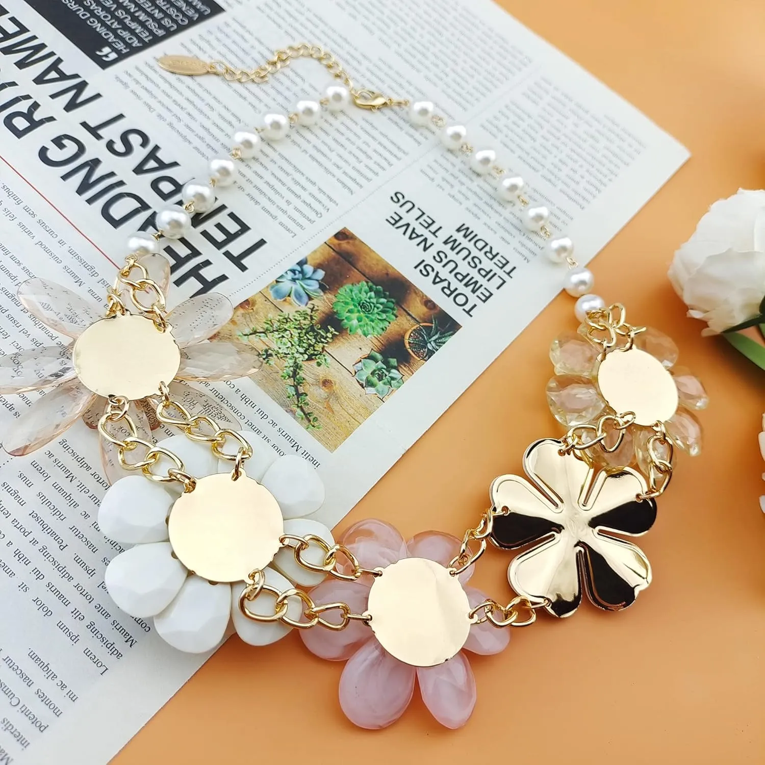 Bocar 5 Flower Braided Crystal Statement Chunky Necklace Bib Collar Flower Pearl Jewelry for Women
