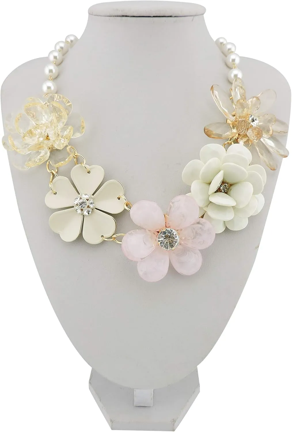 Bocar 5 Flower Braided Crystal Statement Chunky Necklace Bib Collar Flower Pearl Jewelry for Women