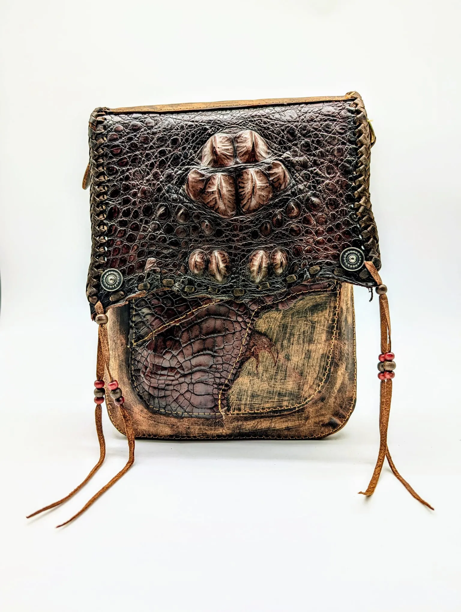 Bohemian Alligator Hornback Leather Hip Bag with Beaded Tassels