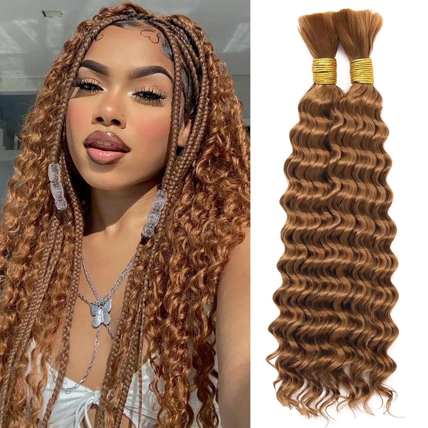 Bohemian Braiding Hair Brown Deep Wave Bulk Hair for Braiding No Weft Hair Curls for Boho Braids Wet and Wavy Curly Bundles for Braiding Hair Extensions 2 Bundle 200g 18 Inch Water Wave, Brown 30