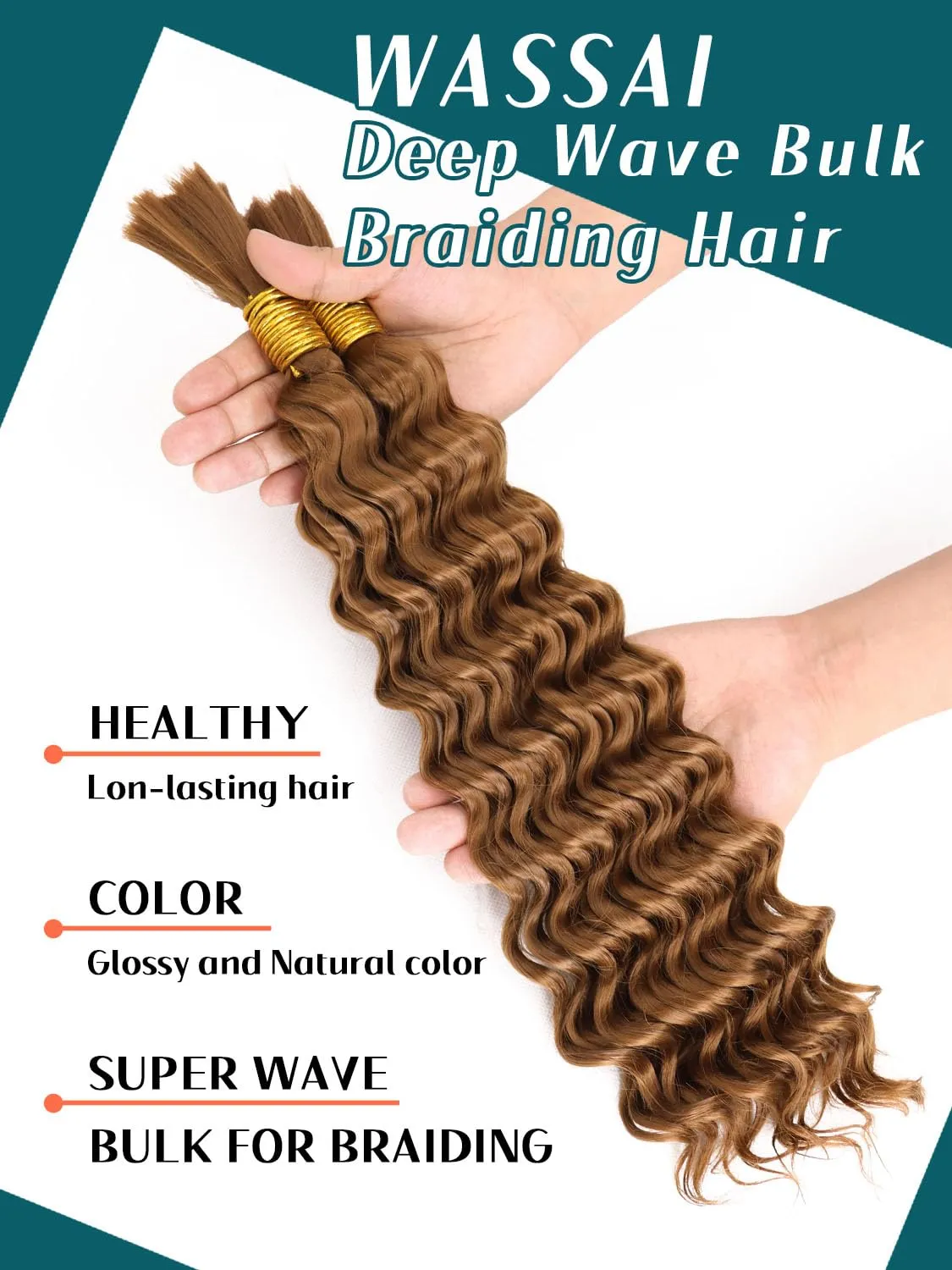 Bohemian Braiding Hair Brown Deep Wave Bulk Hair for Braiding No Weft Hair Curls for Boho Braids Wet and Wavy Curly Bundles for Braiding Hair Extensions 2 Bundle 200g 18 Inch Water Wave, Brown 30